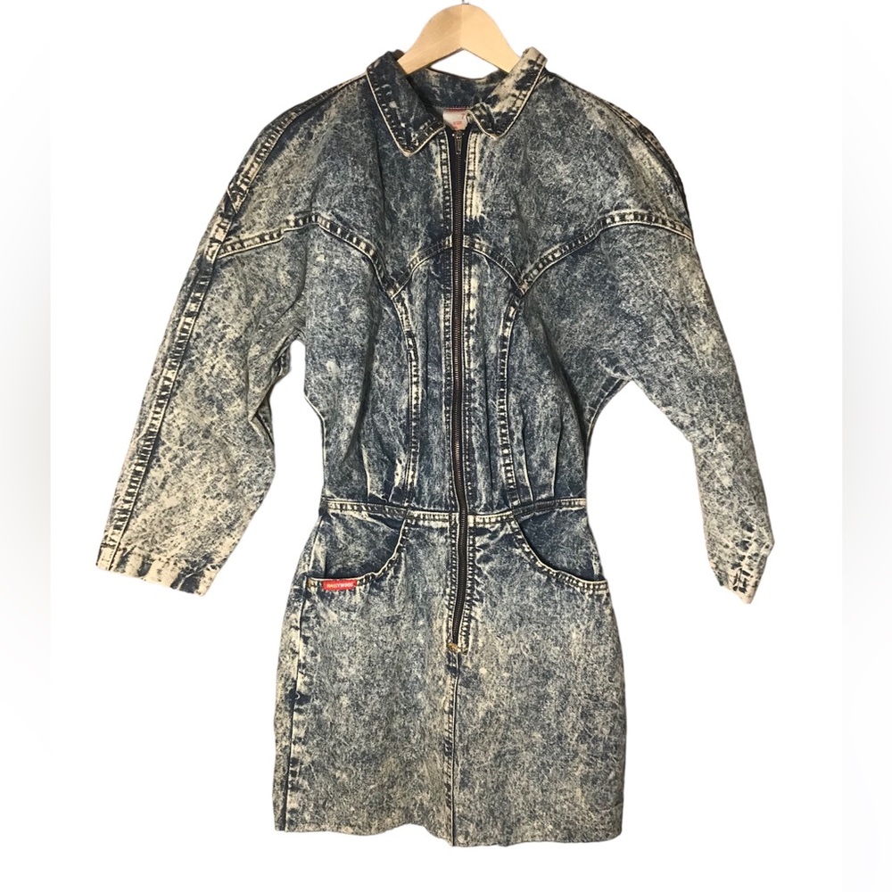 Vintage Acid Wash Jean Era Hollywood Long Sleeve Dress
